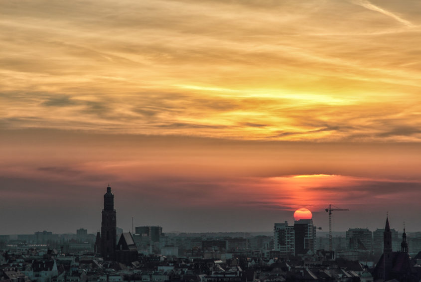 WROCLAW, POLAND - APRIL 02, 2016: Aerial view of Wroclaw. City skyline, Churches and buildings in the old town during a beautiful sunset, April 02, 2016 in Wroclaw, Poland.