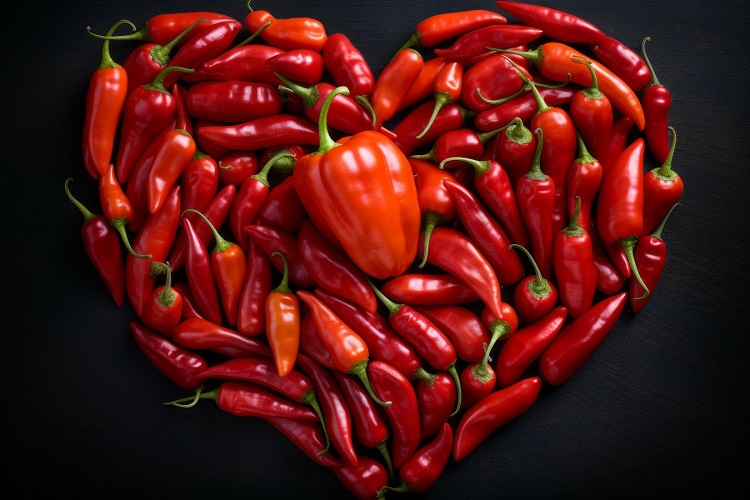 Sweet bell pepper on chili pepper with heart shaped layout. Background with selective focus and copy space czerwone warzywa na walentynki